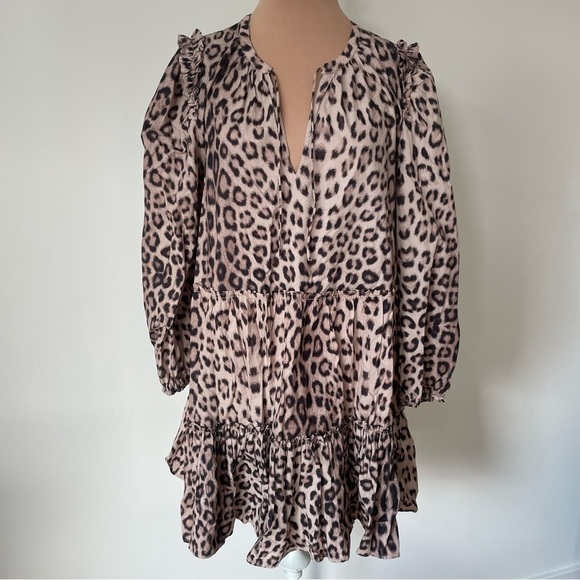 GENERATION LOVE Rumi Leopard Print Long Sleeve Ruffle Cotton Mini Dress EUC Sz S - Picture 4 of 12